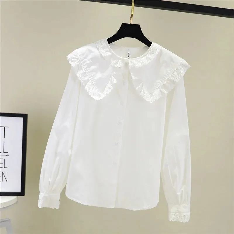 

Women Sweet Kawaii Lolita Shirt Blouse Long Sleeve Casual Loose Tops Peter Pan Collar Basics Cute Ruffles Elegant Vintage Street