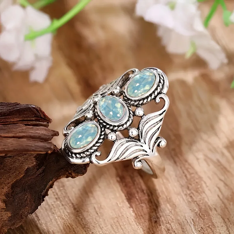 New Vintage Silver Color Oval Blue Stone Hollow Ring for Women Ethnic Bohemian Stainless Steel Rings Jewelry Gift
