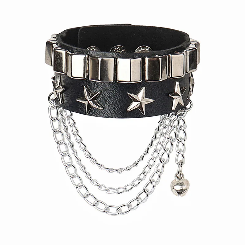 PU Leather Bracelet Punk Bracelet Adjustable Star Tassel Goth Cuff Bracelet Gothic Rivet Buckle Wristband for Men Women