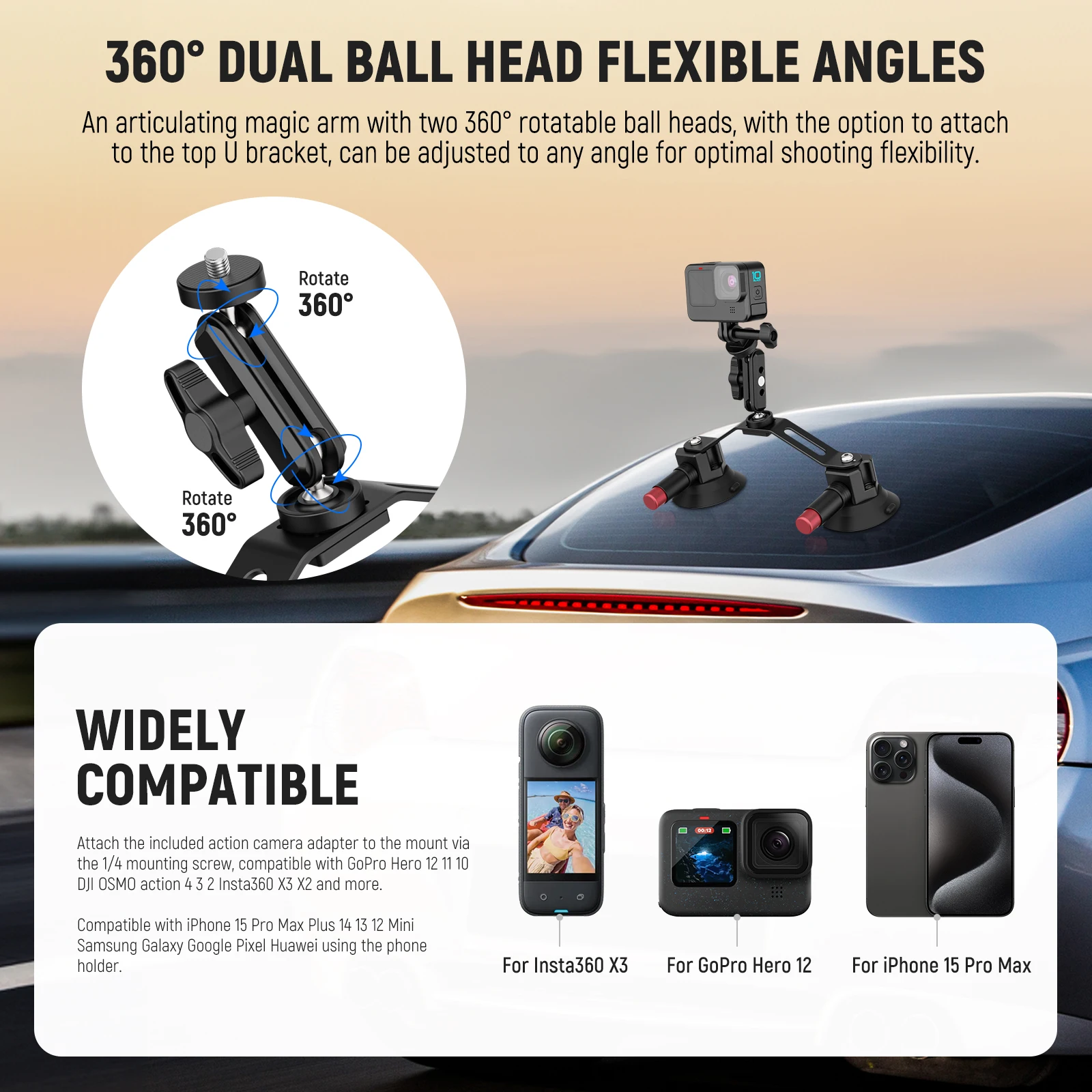 Neewer Dual Suction Cup Car Mount Kit with 360° Ball Head Magic Arm Vacuum Camera Mount with Phone Holder For Insta360 DJI OSMO