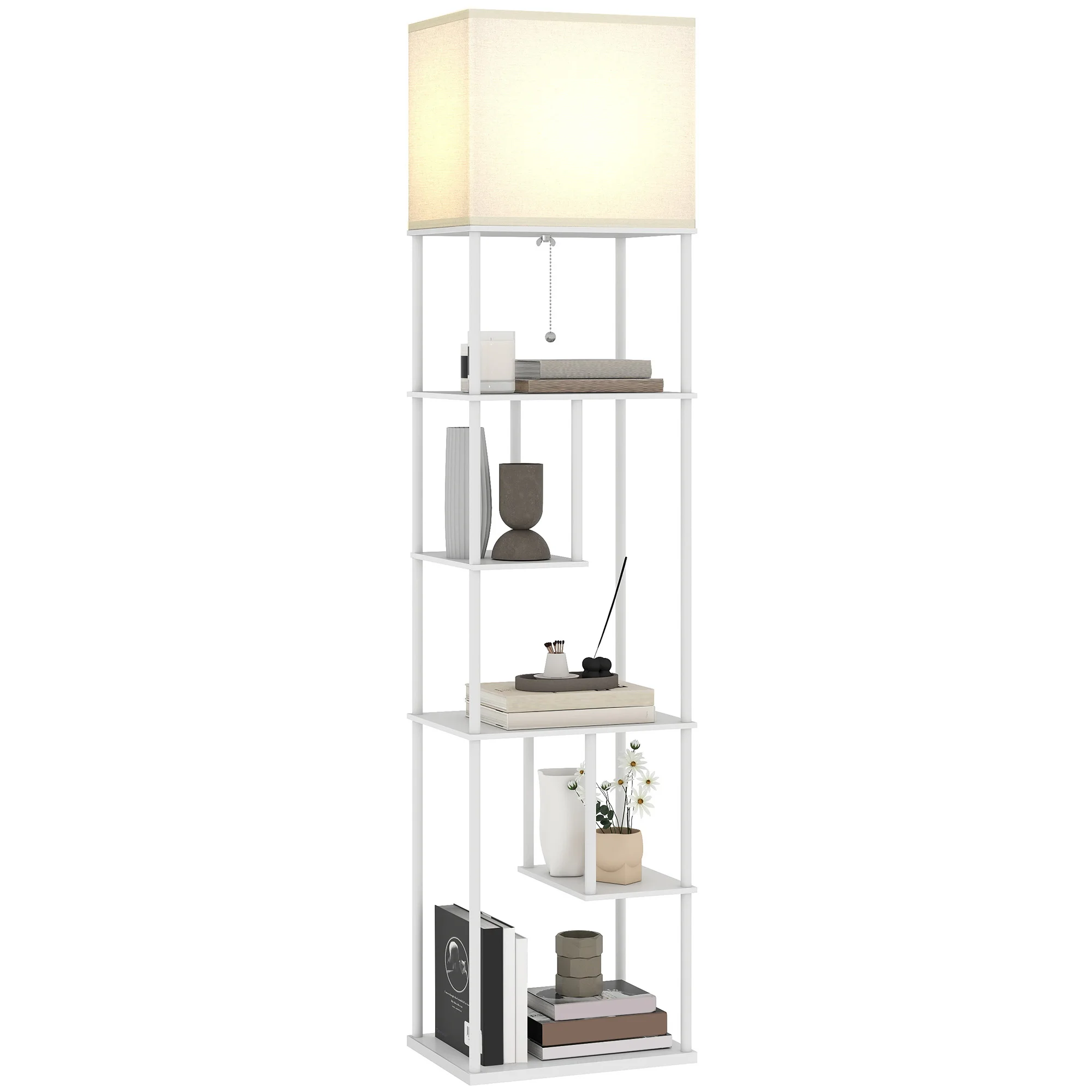 Homcom Stehlampe mit Ablagen, Wohnzimmerlampe mit Helligkeits- und Farbtemperaturregelung 3000K-6500K, Fernbedienung