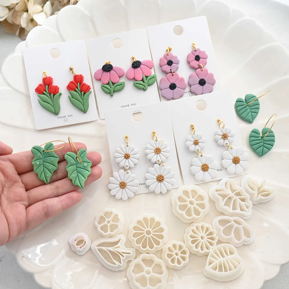 Tulip Daisy Rose Bouquet Polymer Clay Cutters Flower Leaves Dangle Clay Cutting Pottery Ceramics Mold for Earrings Jewelry Tools - view 4