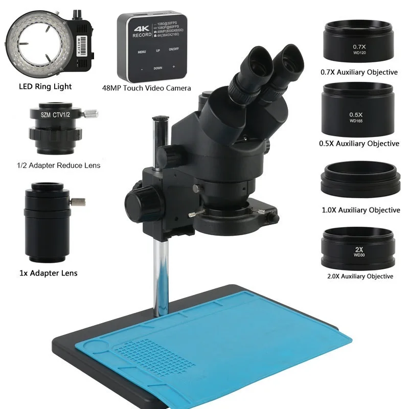 3.5X-90X Zoom Simul-focal Trinocular 0.5X 0.7X 2X Barlow Lens 1/2CTV Adapter Phone Repair PCB Soldering Stereo Microscope