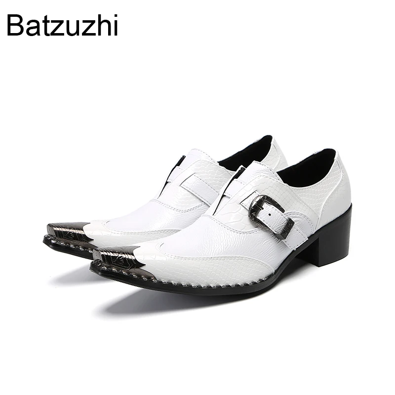 

Batzuzhi White Men's Shoes Pointed Iron Toe White Genuine Leather Dress Shoes Man 6cm High Heels White Wedding Shoes for Man!