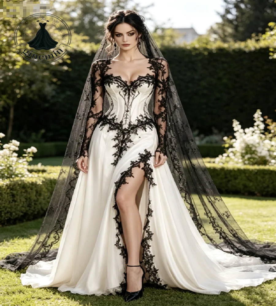 Romantic Dark Ivory Black Gothic Wedding Dress 2027 Long Sleeve Lace Halloween High Slit Celtic Witch Bridal Gowns Customized
