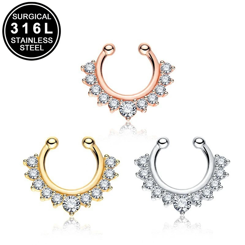 316L Stainless Steel Non-Piercing Septum Ring U Shape Fake Nose Hoops Clip-On Septum Hanger with Cubic Zirconia Piercing Jewelry