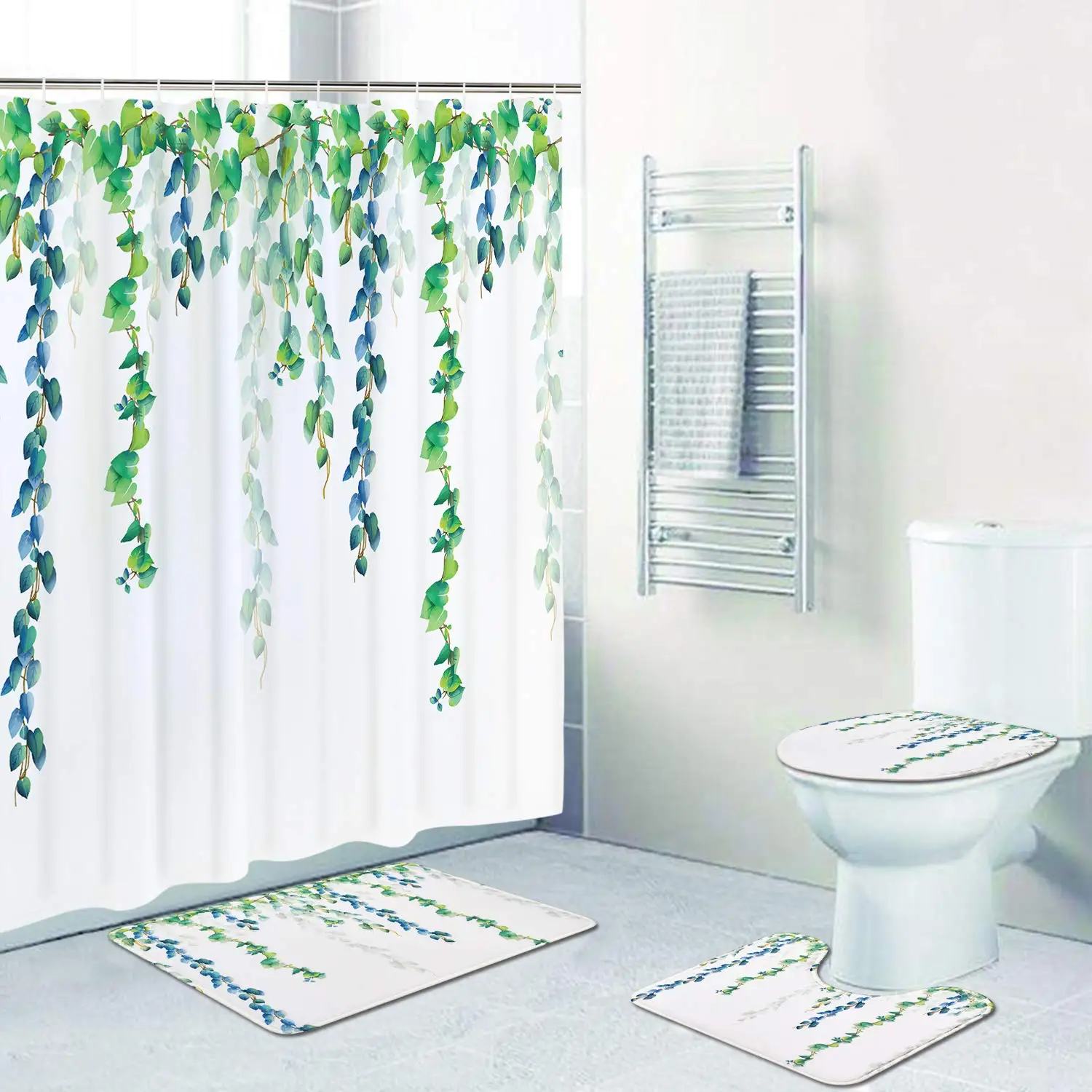 

Blue Green Leaves Shower Curtain Set with Non-Slip Rug Toilet Lid Cover Bath Mat and Hooks Plant Leaf Vine Waterproof Decor Sets