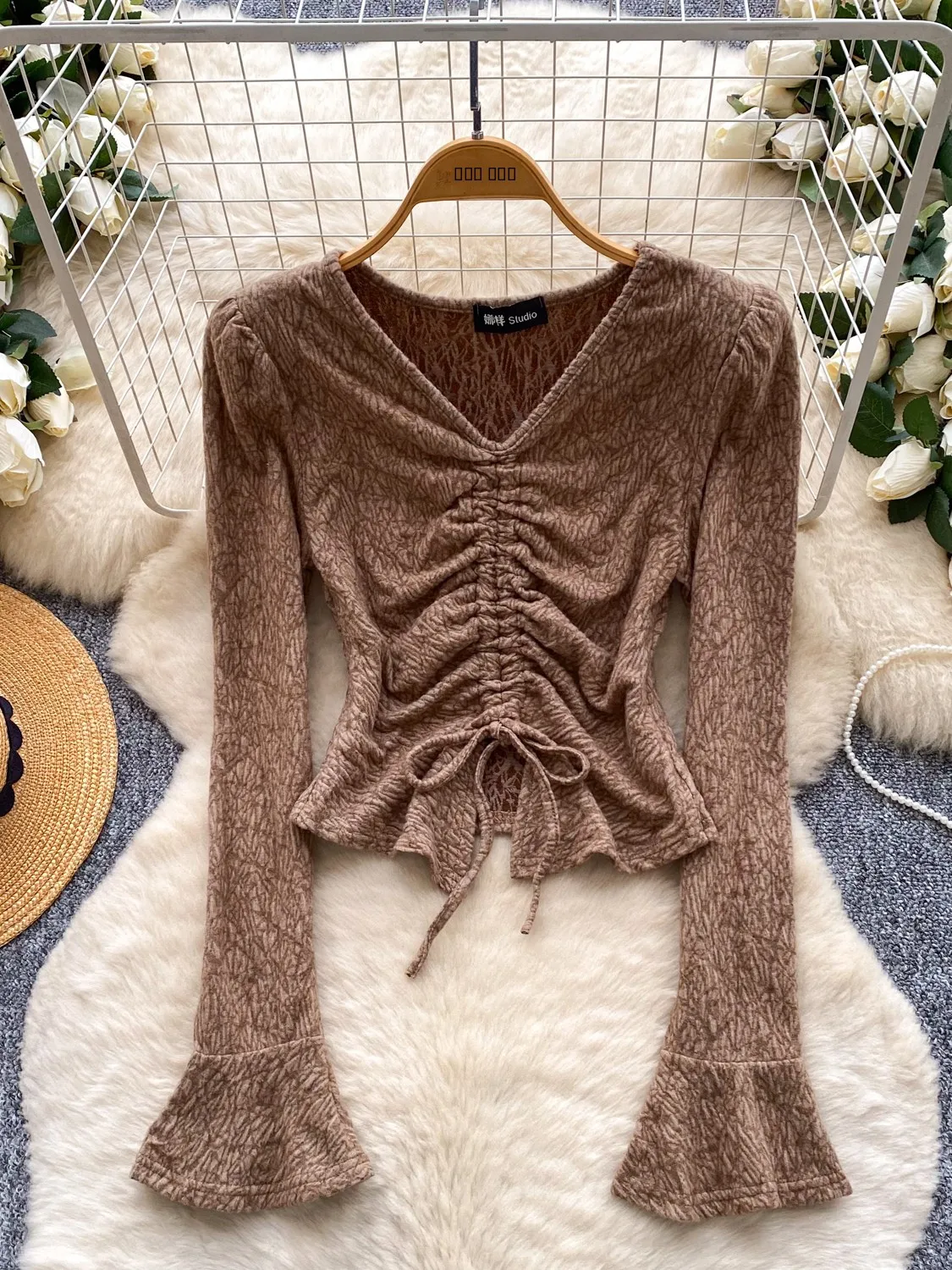 Top in maglia plissettata retrò V-Ne Dstring Faionable da donna lungo Sve dimagrante pendolarismo versatile irt Trendy