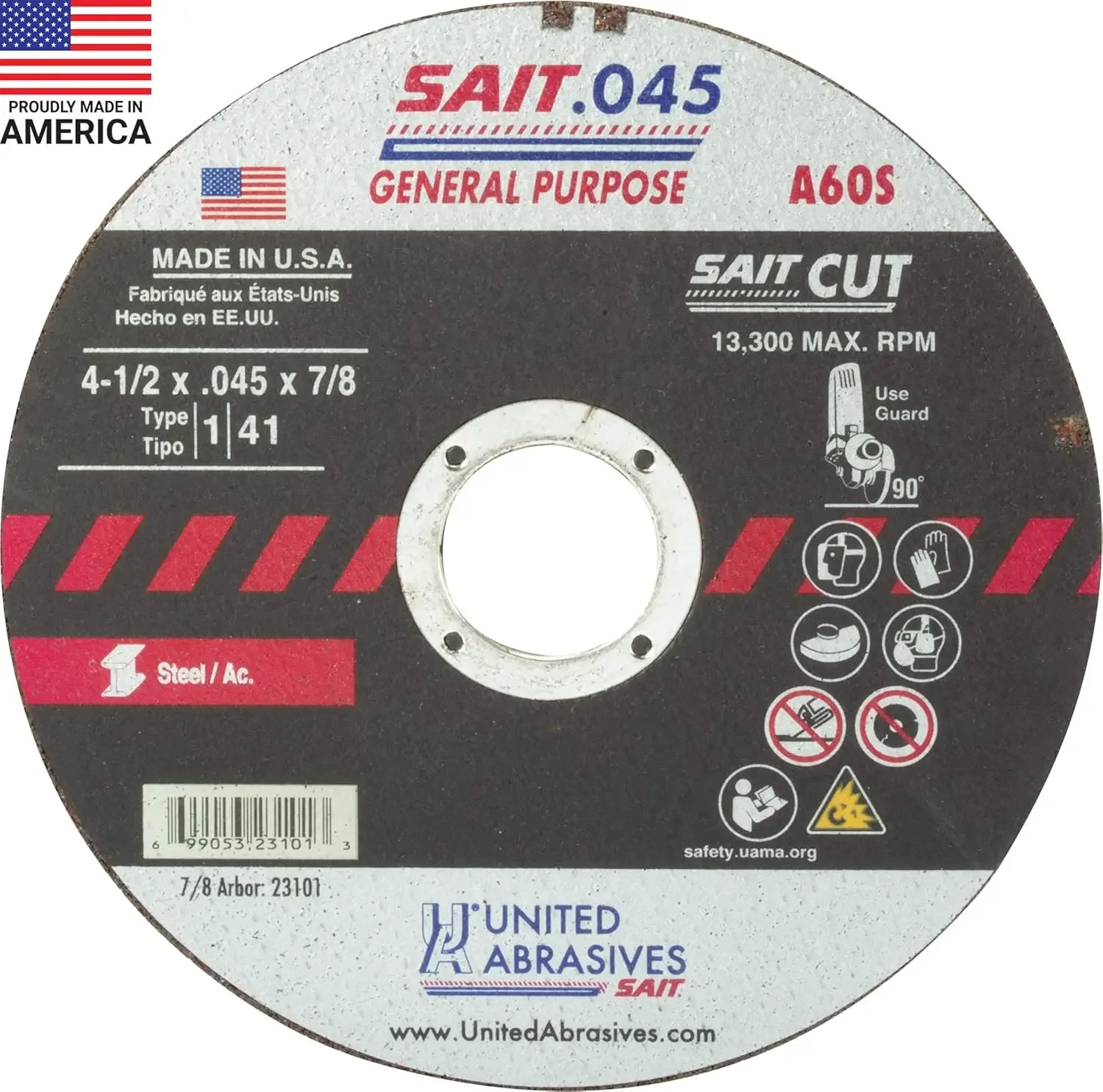 SAIT 23101 A60S, pemotong roda untuk tujuan umum (tipe 1/tipe 41 datar) 4 1/2 "x .045" x 7/8 ", 50-Pack