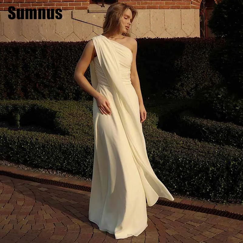 

Sumnus Simple Straight Wedding Dresses One Shoulder Sleeveless Pleats Bridal Gowns Satin Floor Length Bride Dress Customized
