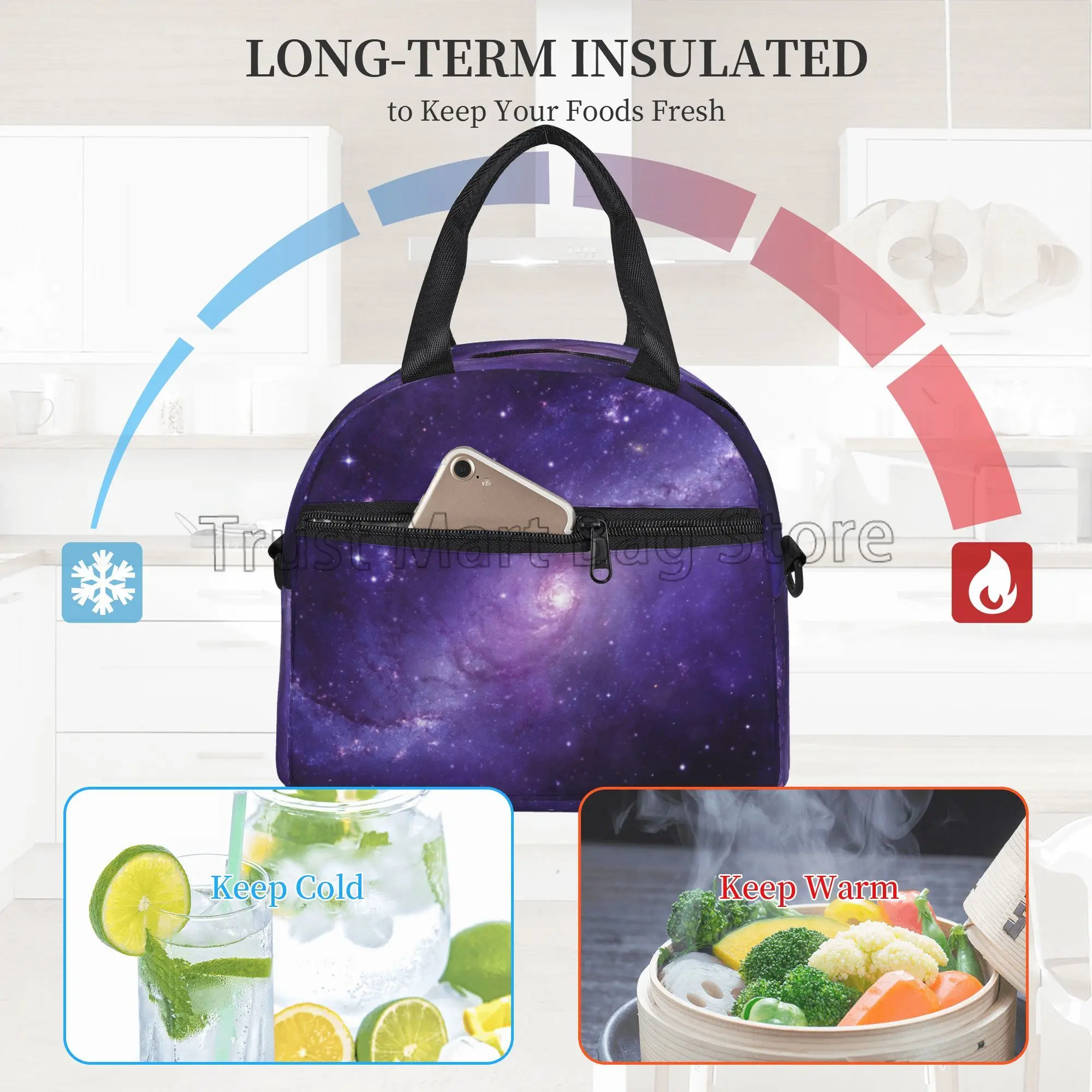 Leakproof Cooler Tote Bag Purple and Blue Galaxy Insulated Lunch Bag Reusable Lunch Box for Office Work School Picnic Beach