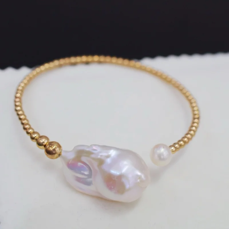 

SGARIT Open Cuff Bangles for Women 14k Filled Gold Bangle Jewelry Fresh Water Baroque Pearl Bracelets for Anniversary Gift