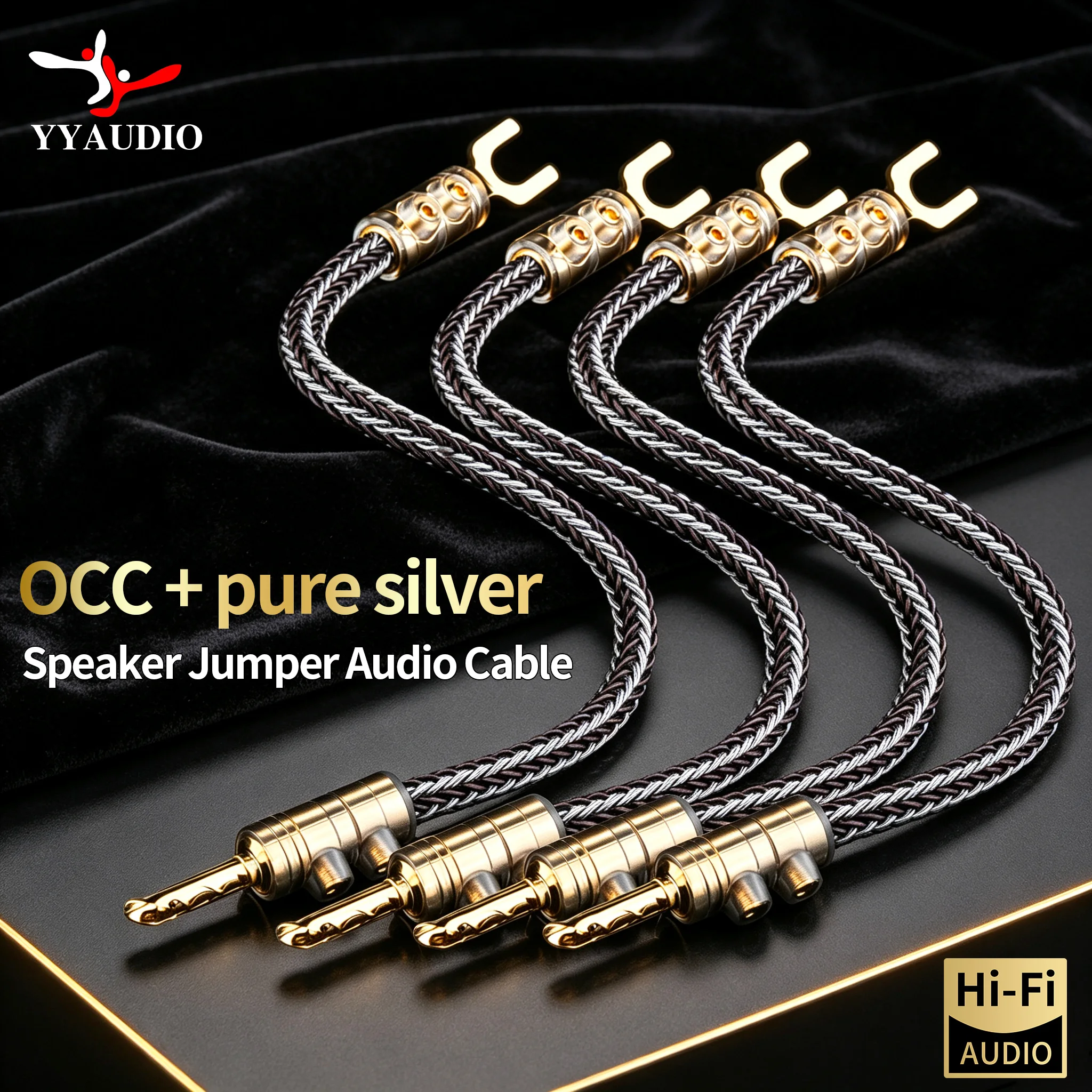 YYAUDIO 4 Pieces Jumper Cable OCC + Sterling Silver Speaker Bridge Jumper Audio Cable Banana to Spade Bridge Jumper Wire