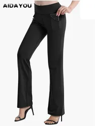 Flare Yoga Pants Stretchy cintura alta Bootcut Vestido Calças com bolsos Treino Escritório Alto Longo Bell Inferior