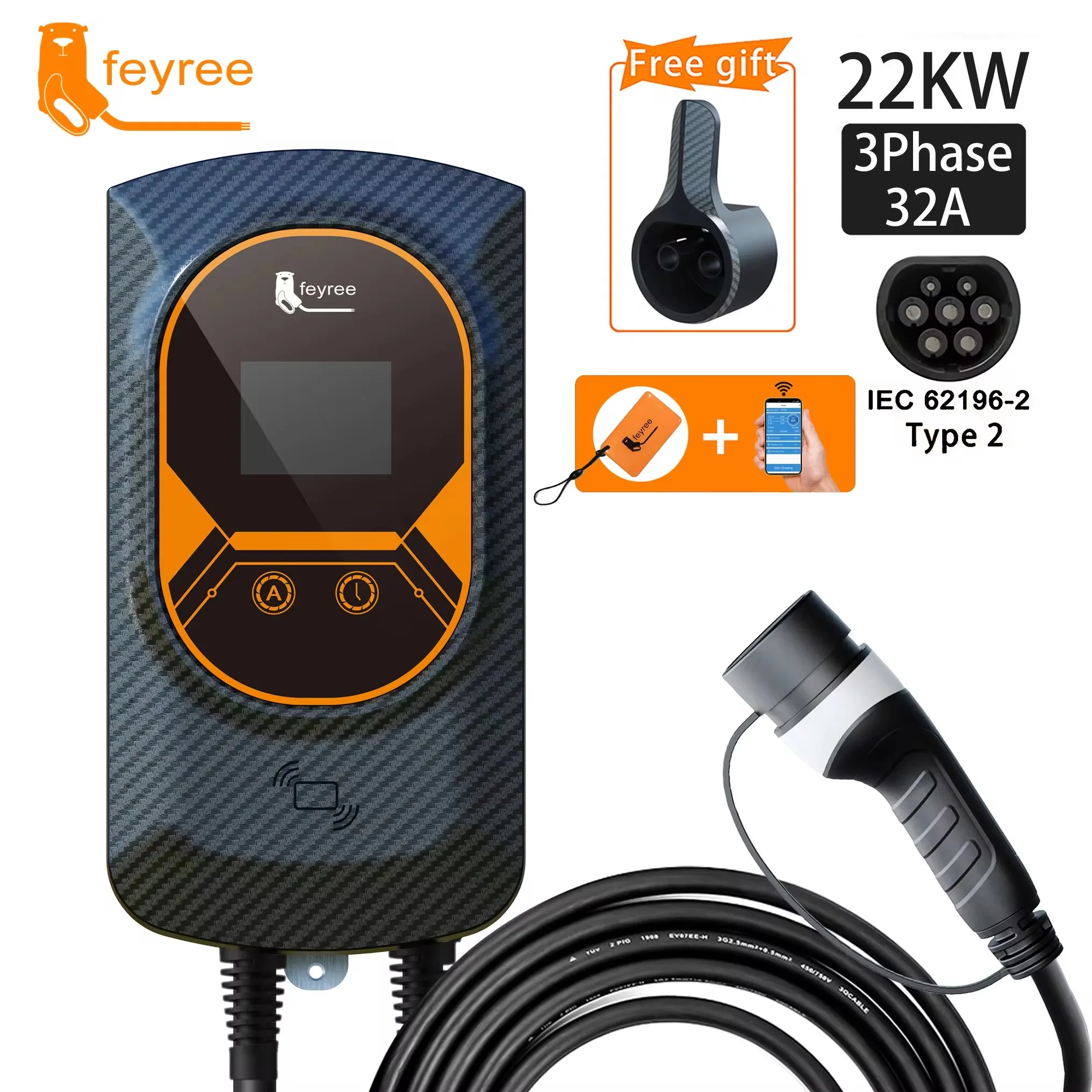 feyree EVSE Wallbox Type2 Cable 32A 7.6KW EV Car Charger 11KW 22KW 3 Phase Charging Station APP Control for Electric Vehicle