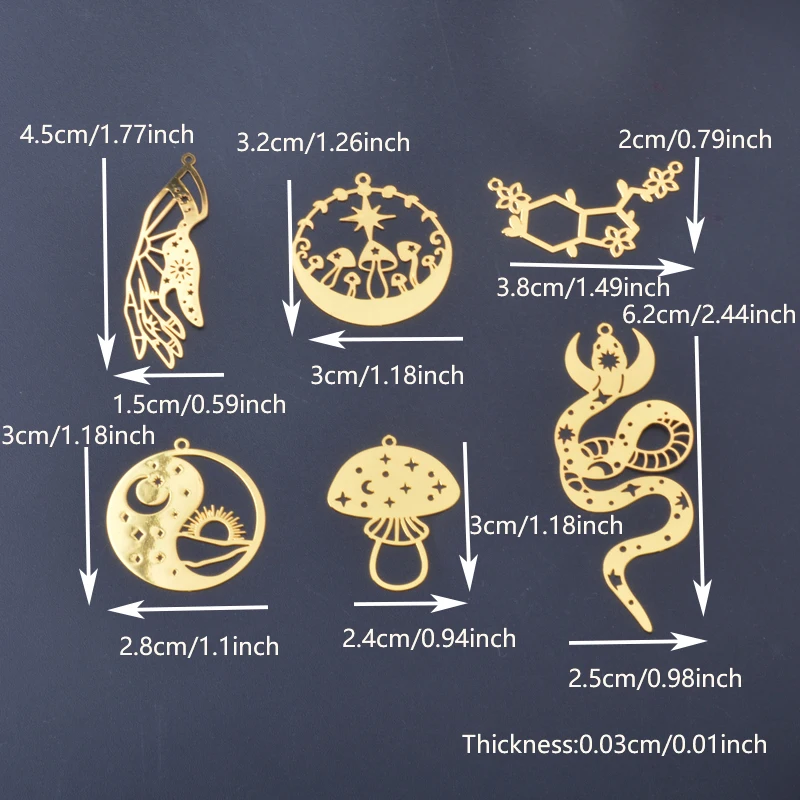 10 Stück Messing-Filigran-Anhänger, hohl, goldfarben, dünne Schlangen- und Pilz-Handanhänger, Edelstahl-Blumenverbinder, Schmuckanhänger – Detail 1