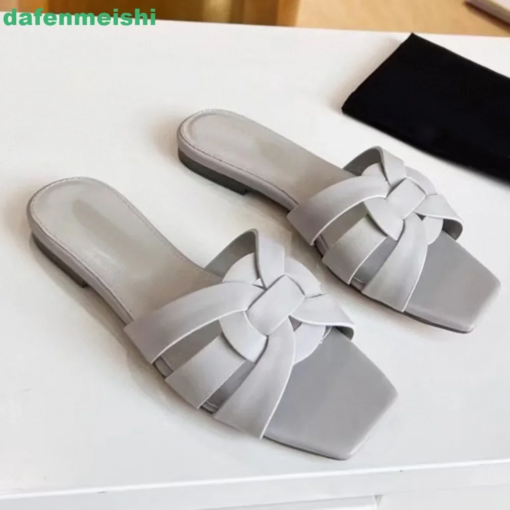 Cross Genuine Leather Women Slippers Square Toe Slip On Open Toe Flat Sandals Patent Leather Fashion 2026 Summer Sandal Slides