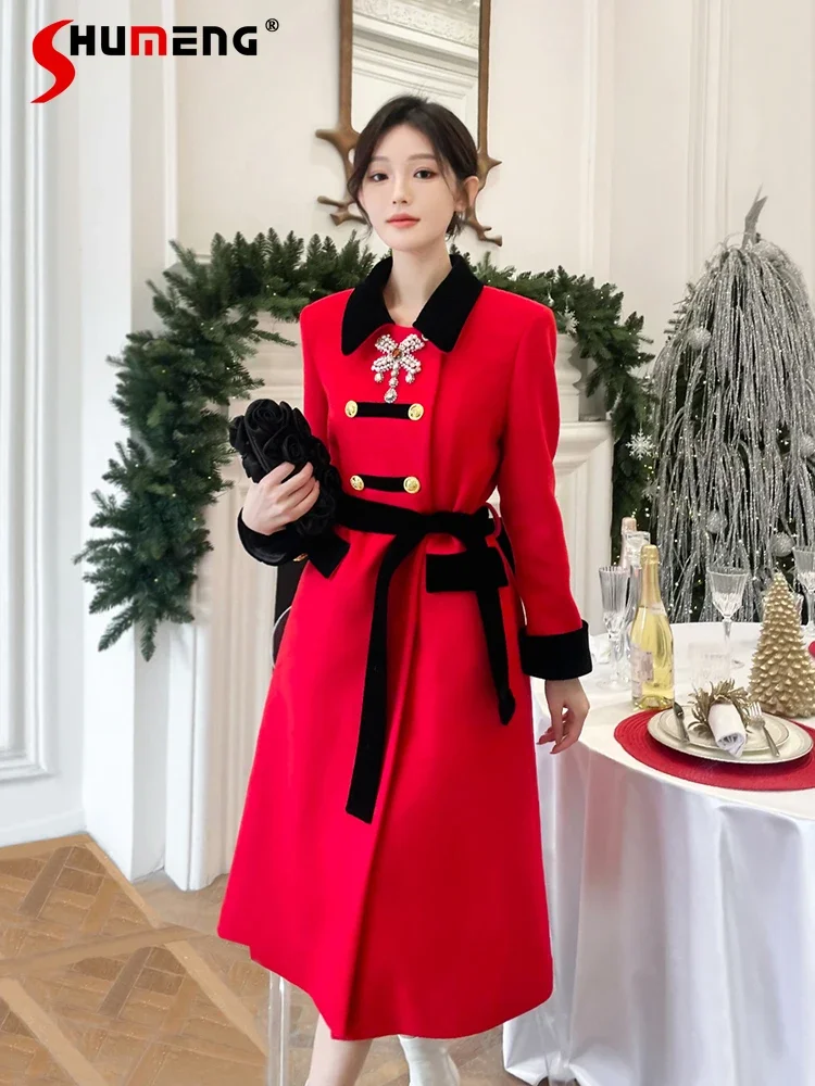 Women's 2024 Winter New Small Fragrant Retro Waist-tight Temperament Lapel Collar Chic Long Coat Beaded Hot Diamond Woolen Coats