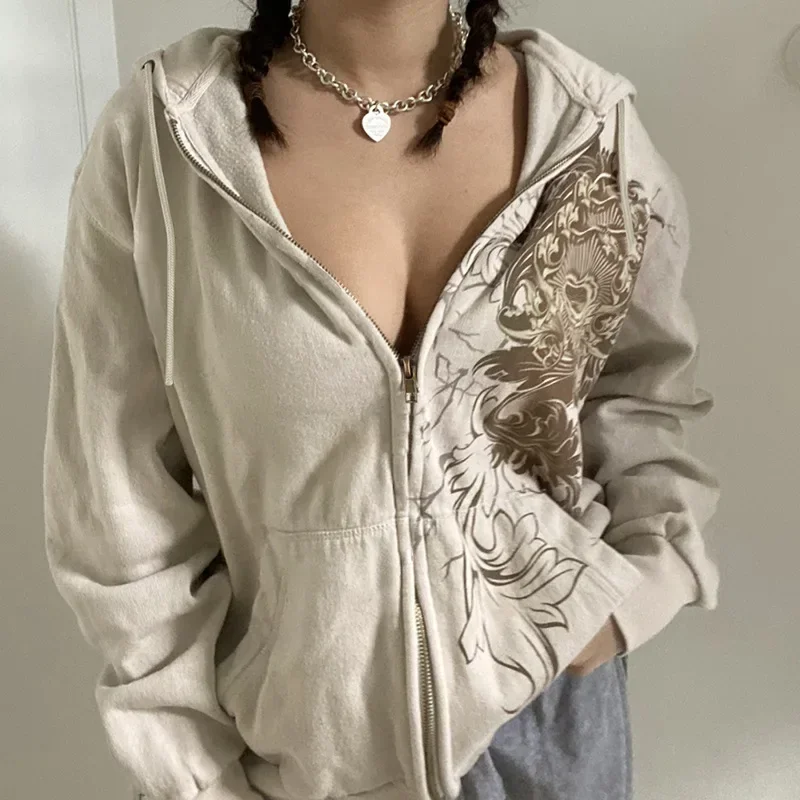 Spring Aesthetic Vintage Hoodies Sweatshirts Goth Printing Zip Up Hoodies Grunge Hoodie Jacket Autumn Coat Y2k Clothes Korean