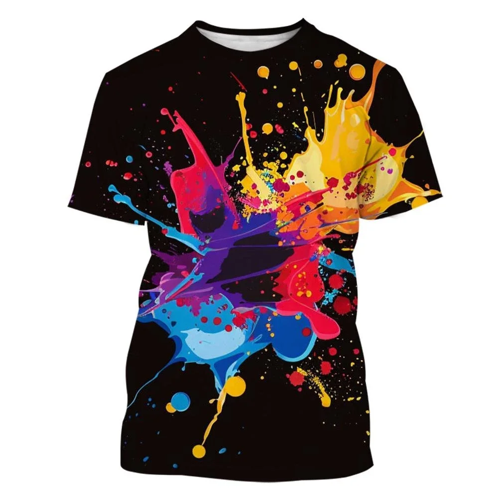 Kreatives, individuelles Hip-Hop-T-Shirt mit mehrfarbigem Tintenfleck-Muster, 3D-Druck, atmungsaktiv, für Männer und Frauen, Streetwear, lässig, trendig, Kinderoberteil – Detail 6