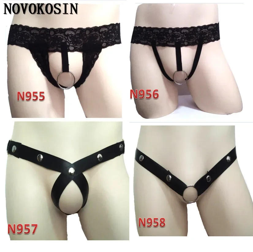 Faux Leather Sexy Lace Jock Open Crotch Erotic Iron Ring Penis Rivet Bulge Pouch Thongs G-strings Gay Men Underwear Male Panties