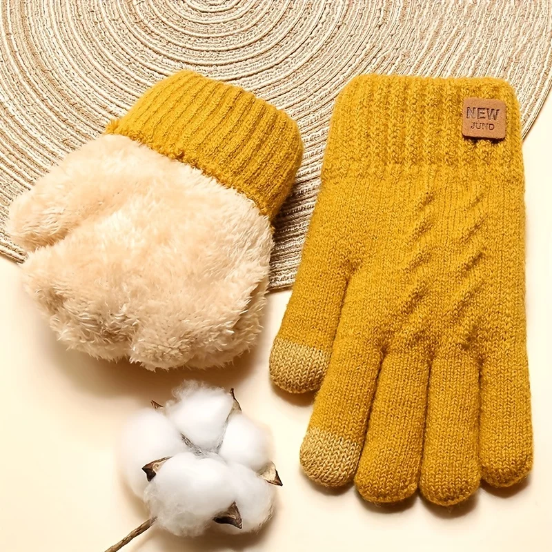 1 pair of new women's winter thick double-layer knitted gloves with plush insulation and solid color touch screen gloves