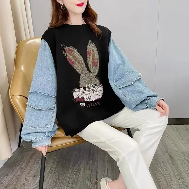 Hsa European Outerwear Designer Sequined Cartoon Rabbit Cute Girl Pullover Sweaters Women Jeans Patchwork Streetwear Pull Femme