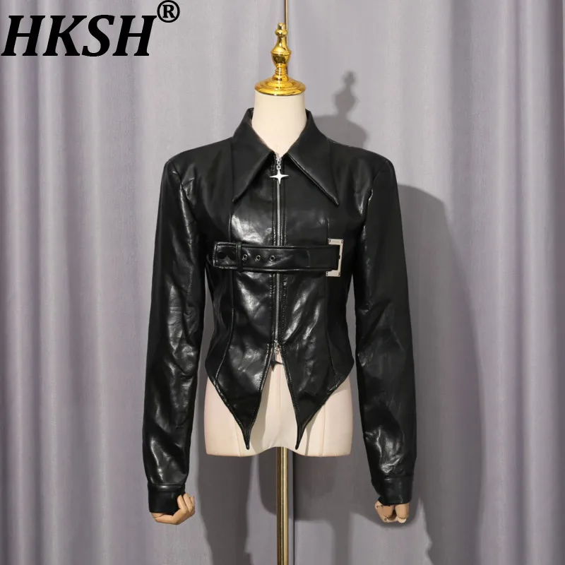 

HKSH Весенне-Осенняя новая женская короткая куртка из искусственной кожи с отложным воротником на молнии, облегающее высококачественное модное пальто в стиле темного панка HK13815