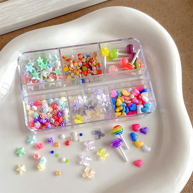 

6 Grid Colorful Love Rose Resin Nail Art Charms Nail Bow Flakes Sequins Decoration Manicure Accessories Nail Salon Supply DIY