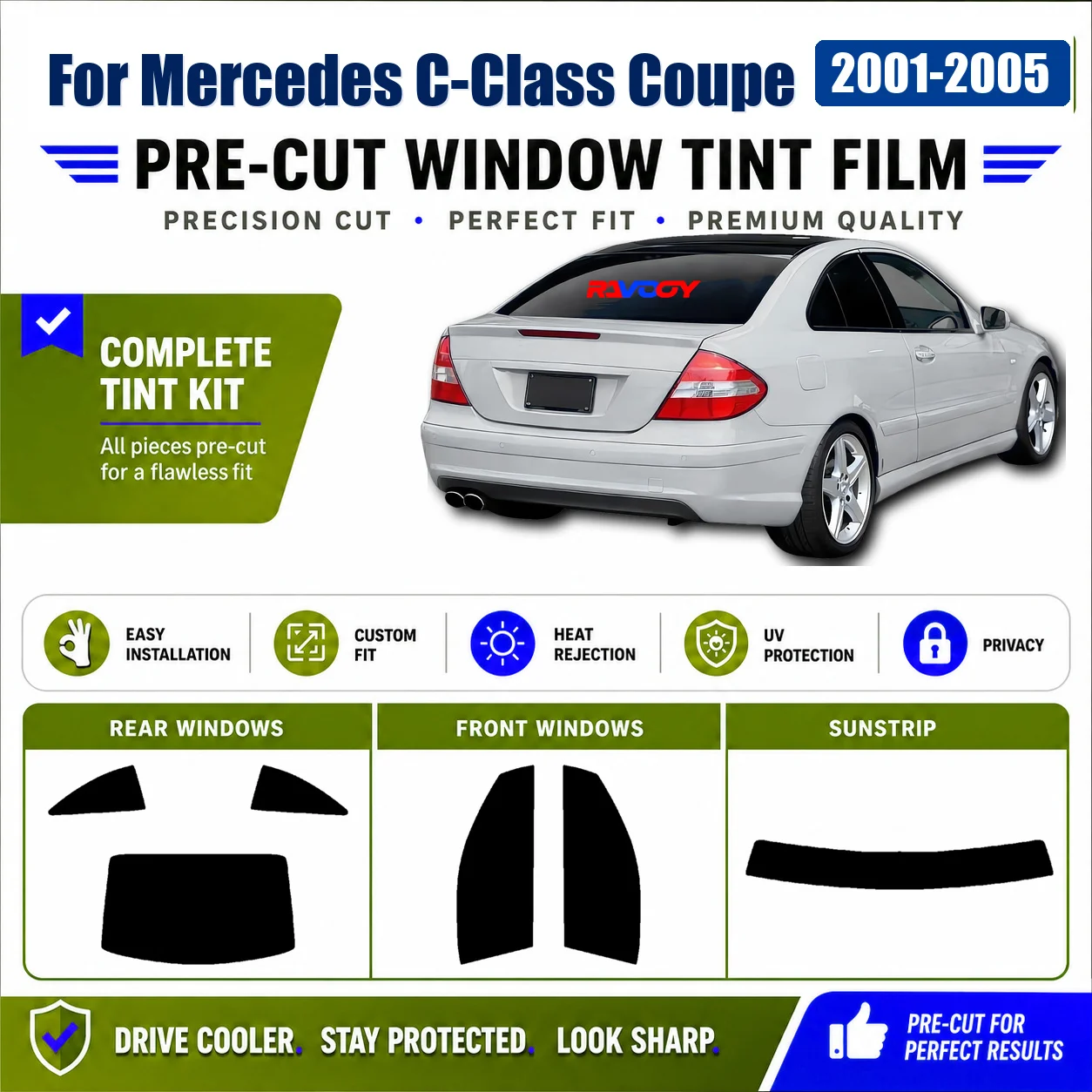 For Mercedes C-Class Coupe 2001-2005 Privacy Tint Film Premium Full Set Window Precut Glass Kit