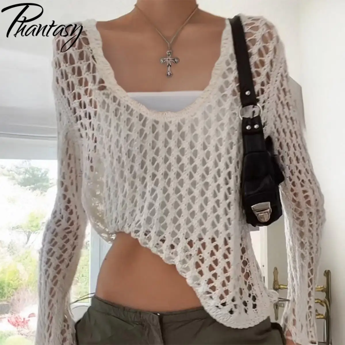 

Phantasy Fashion Y2K Hollow T-Shirt Spicy Girl Style Long Sleeved New Casual Loose Thin Top T-Shirt Summer Women's Clothing