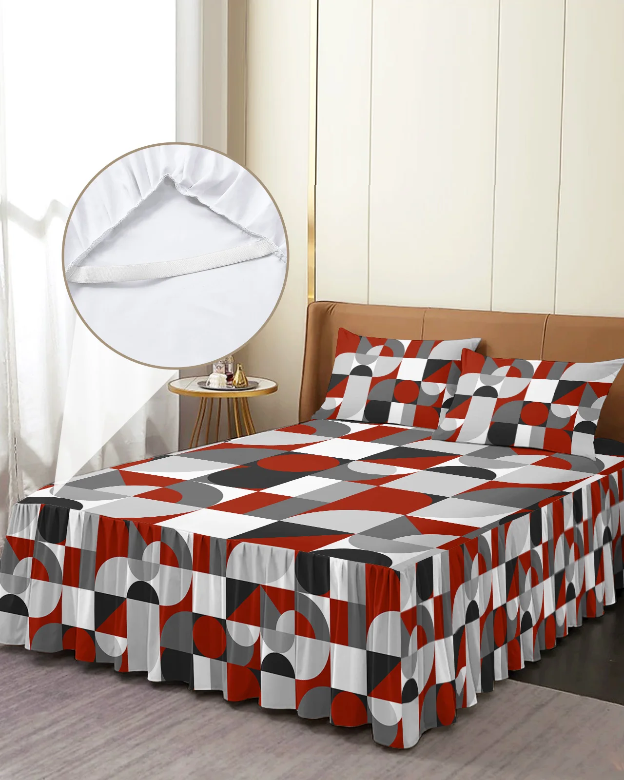 

Nordic Retro Medieval Geometric Abstract Color Bed Skirt Fitted Bedspread With Pillowcases Mattress Cover Bedding Set Bed Sheet