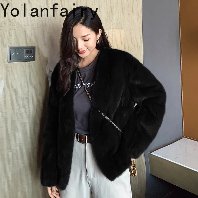 YOLANFAIRY 신상 천연 밍크 퍼 자켓 여성용 리얼 퍼 코트 가을 겨울 고품질 숏 퍼 코트 여성 아우터웨어