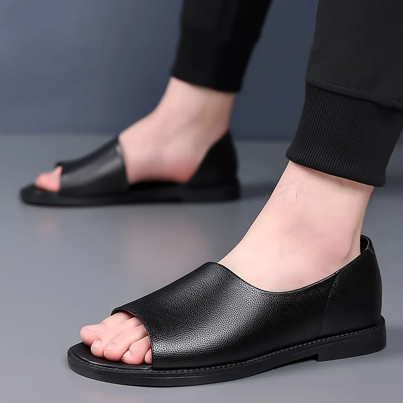 New Men Shoes Summer Fashion Genuine Leather Sandals Cow Lether Casual Slip-on Loafers Young Man Cool Beach Shoes