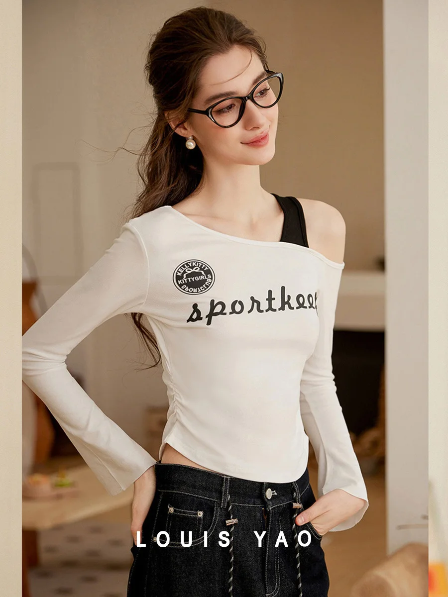 

LOUIS YAO 2025 Spring Printed Cross Shoulder Contrast T-shirt Sports and casual Slim Long Sleeve Women's T-shirt