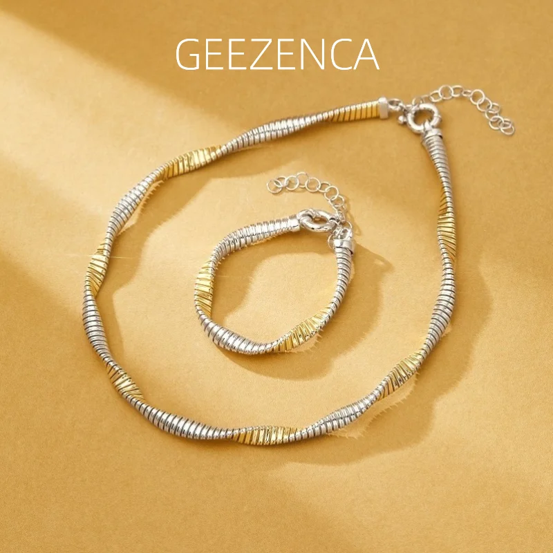 GEEZENCA Italian Chic 925 Silver Two Tone Stripe Wavy Twisted Jewelry Sets With 15cm Bracelet 40cm Necklace For Women Gift Party