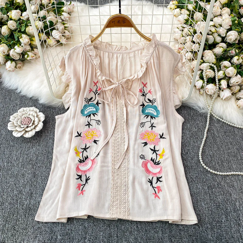 بلوزة نسائية صيفية بوهيمية موديل 2025 بدون أكمام بحافة أذن خشبية ورقبة على شكل حرف v بلوزات قميص مطرزة بالزهور بلوزة شاطئ بوهو غير رسمية #4