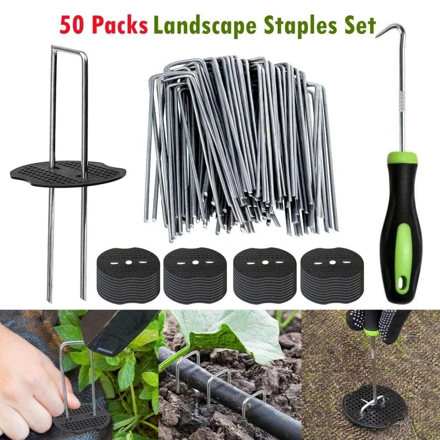 

50 Packs Stainless Garden Stakes Landscape Staples Set with Mats Precision Hook for Grass Sod Weed Barrier Fabric Artificial