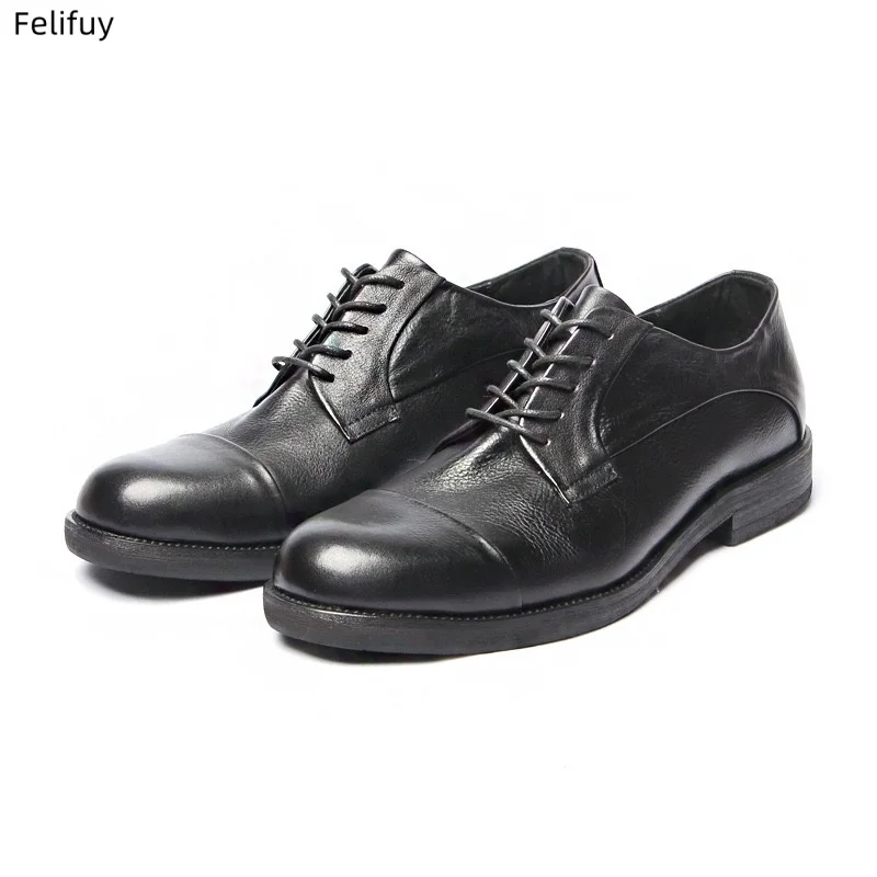 Black British Retro Men's Business Shoes, Full Grain Leather Hand Rubbed Color Genuine Leather Vintage Lace Up Dress Formal Shoe