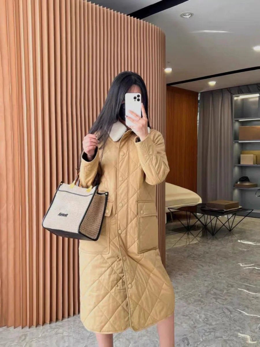 

Autumn Winter Luxury Cotton Jacket British Style Women's Mid-Length Simple Diamond Grid Versatile Cotton Coat Collar Sin...