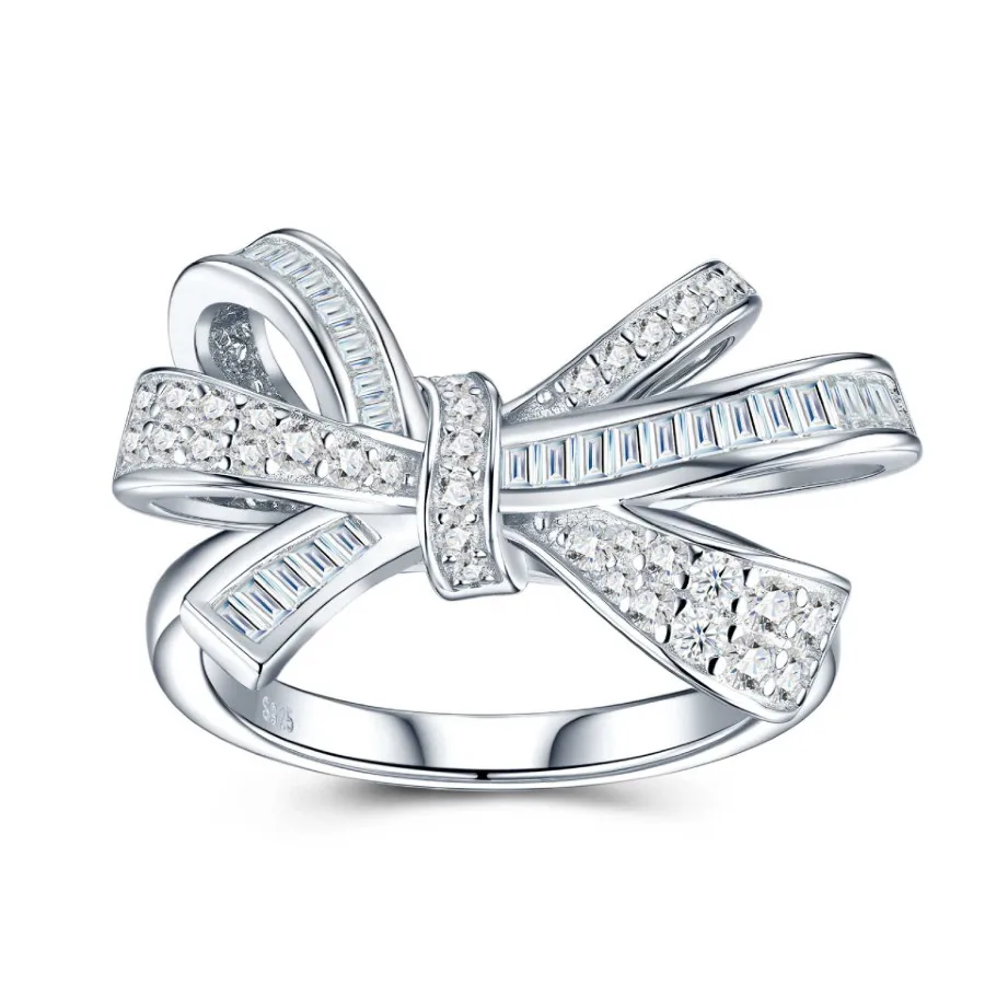 French S925 Sterling Silver Plated White Gold Ring with Moissanite Butterfly Knot Design for Ladies Ideal for Parties And Events