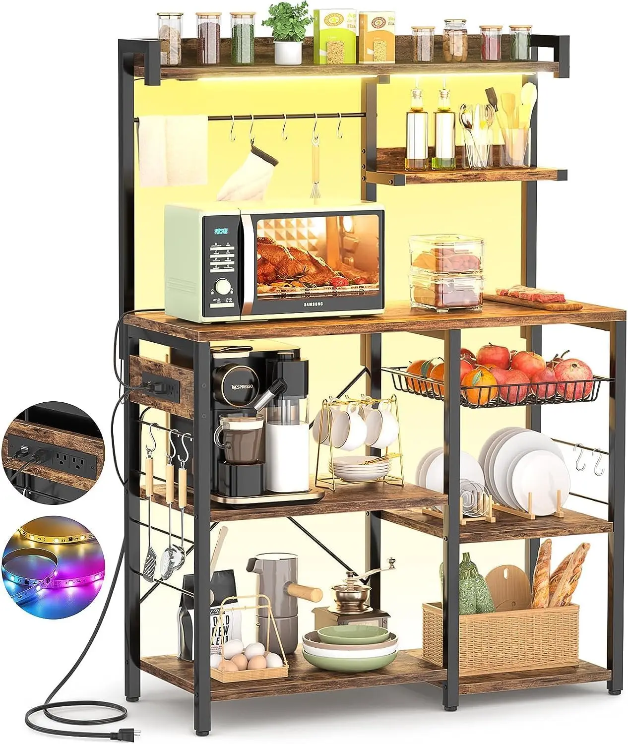 

Bakers Rack with Power Outlet and LED Lights, Microwave Stand with Wire Basket, Kitchen Storage Shelf with 10 Hooks, Rustic