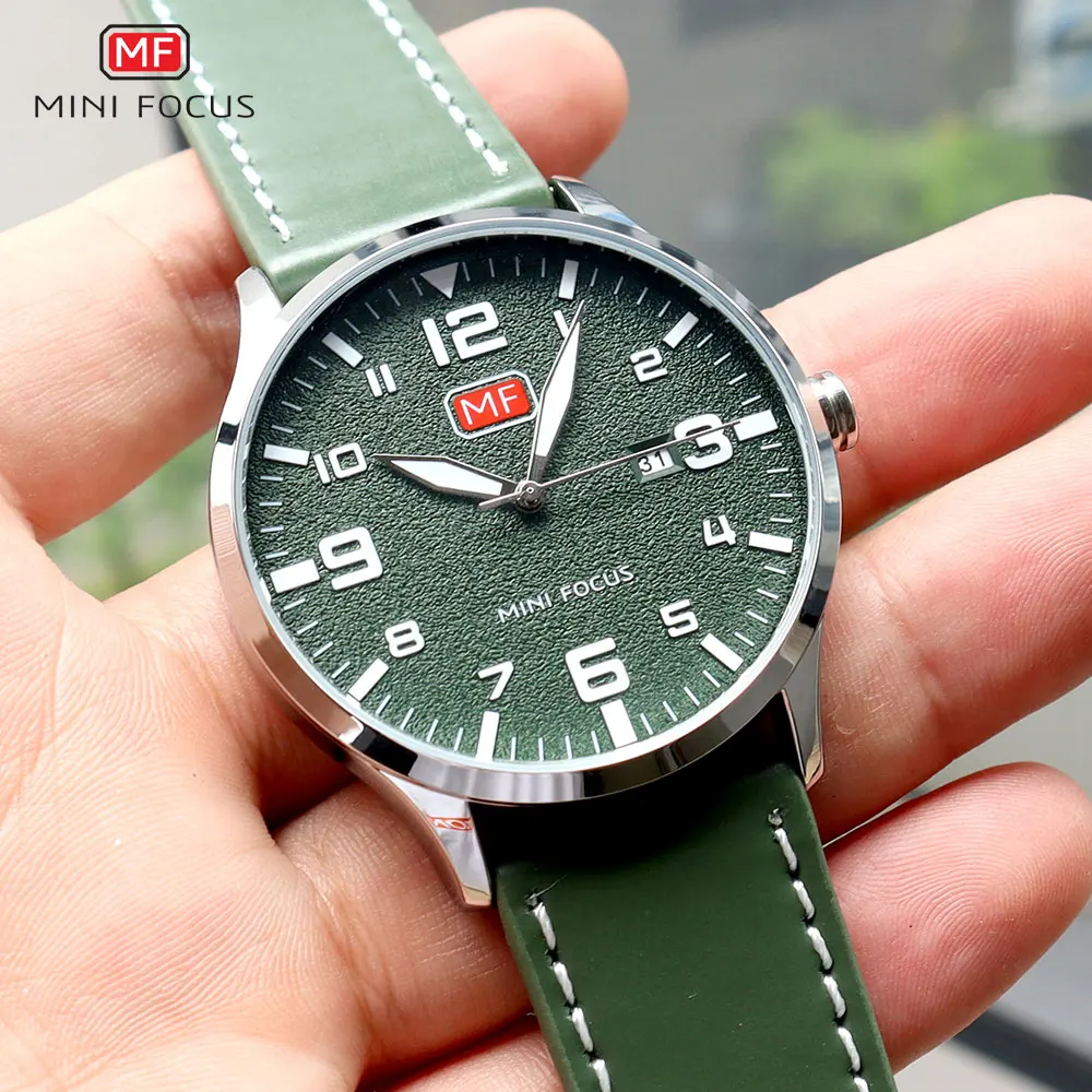 MINI FOCUS Army Sport Ultra Thin Quartz Watches Men Leather Strap Military Waterproof Wristwatch Man Clock Relogios 0158G Green