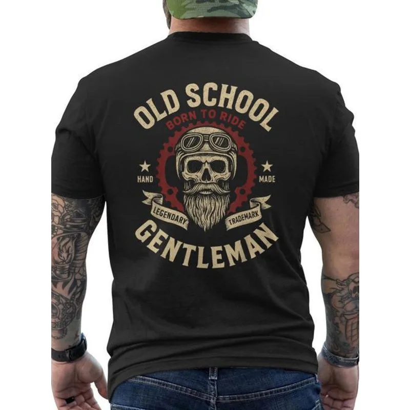 Family Matching Black Old School Biker Bearded Skull Helmet Gear Wheel Back Print Vintage Born To Ride Badge Art Short SleeveTee