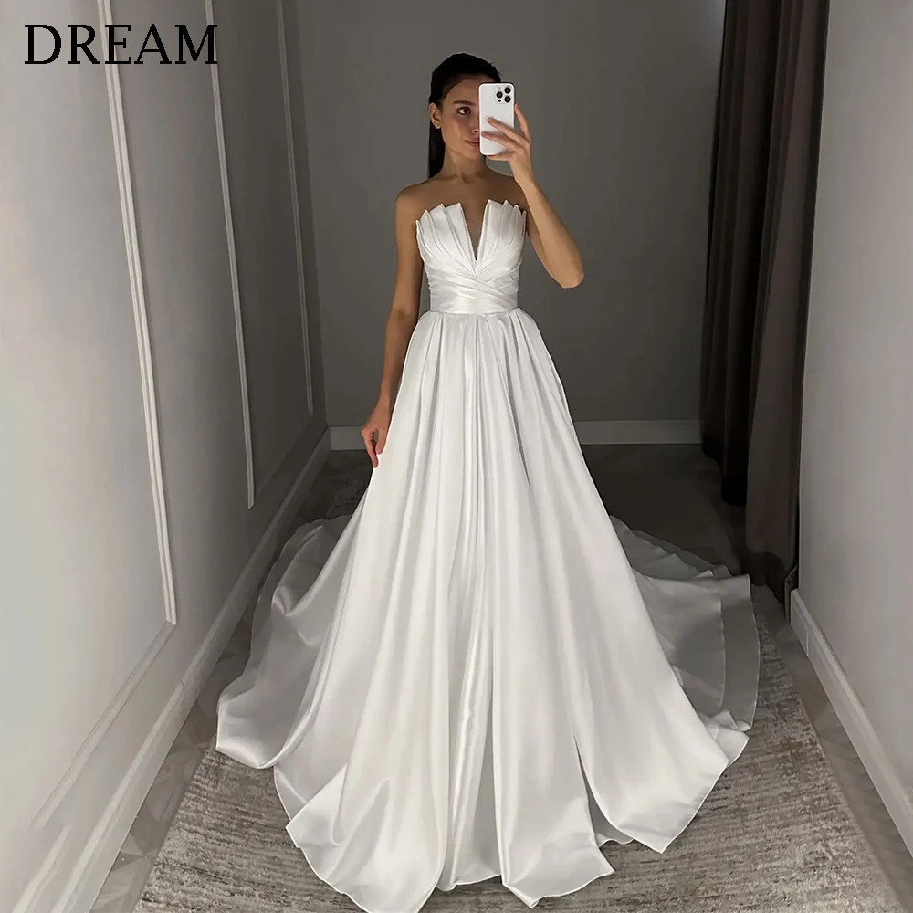 Customized Simple Long Ivory Wedding Dresses for Women V-Neck Floor-Length Sweep Train Bridal Dress Wedding Gown 2025