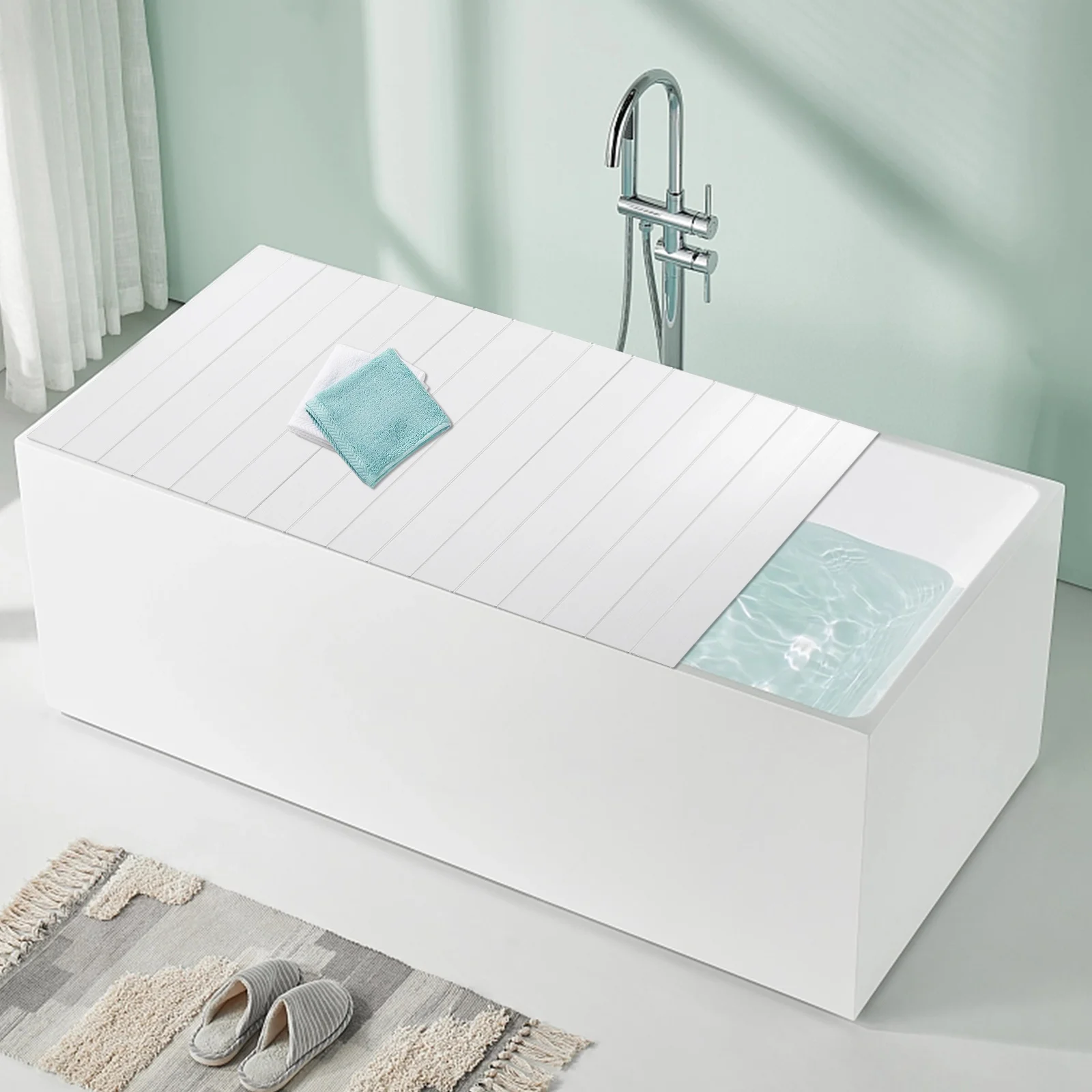 Bild 5: Faltbare Badewannenabdeckung 170*70*0,65cm PVC-Badekappendeckel mit Wärmespeicherung 5 kg Tragkraft für Badezimmer Spa Entspannung