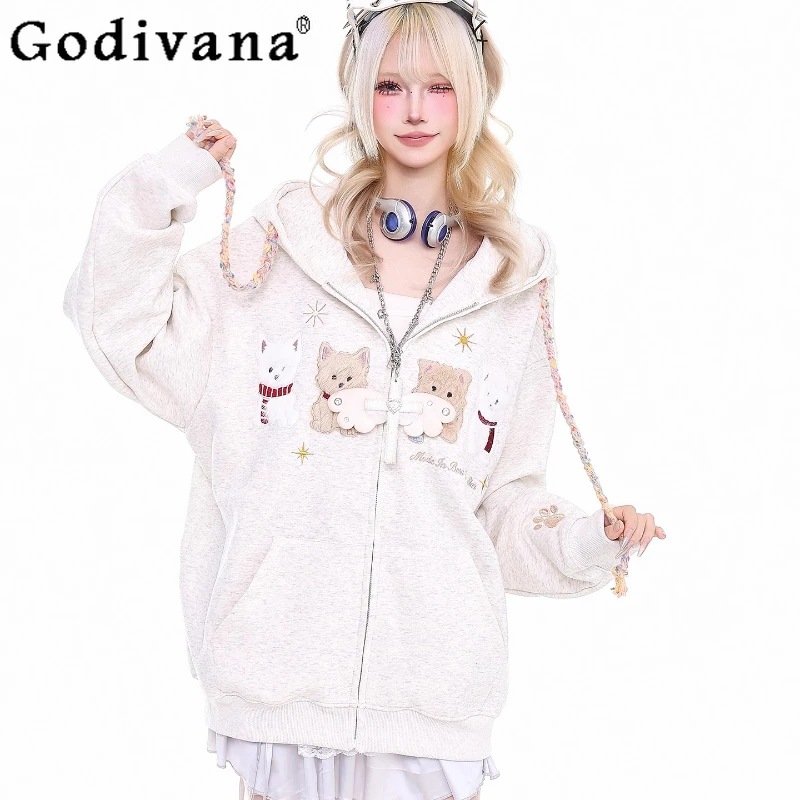 اليابانية الحلو مقنعين البلوز للنساء الخريف الشتاء أفخم جرو عارضة هوديس الإناث ضئيلة فضفاضة سستة بلوزات