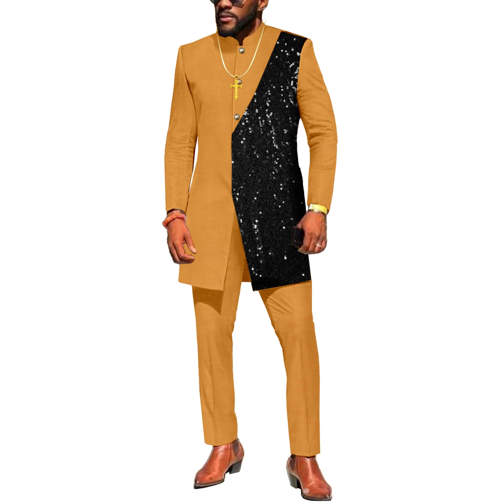 

SEA&ALP Men's African Suits 2 Piece Set Fashion Dashiki Long Sleeve Shirt Pants Formal Wedding Party Outfits