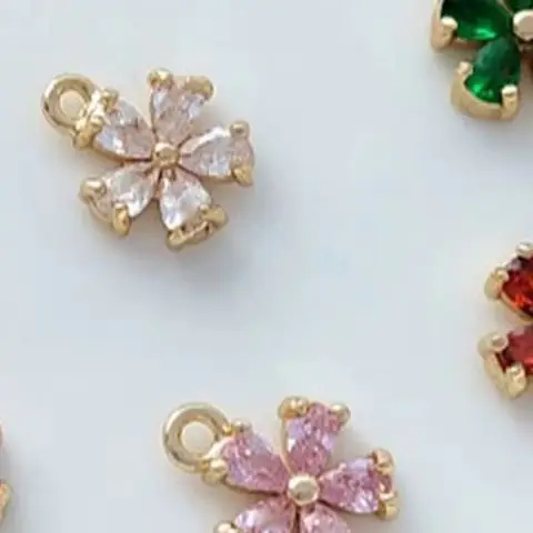 14K Gold Plated Colored Zircon Inlaid Small Flower Pendant, Five-Petal Peach Blossom Design for DIY Earrings Bracelet Jewelry Ma