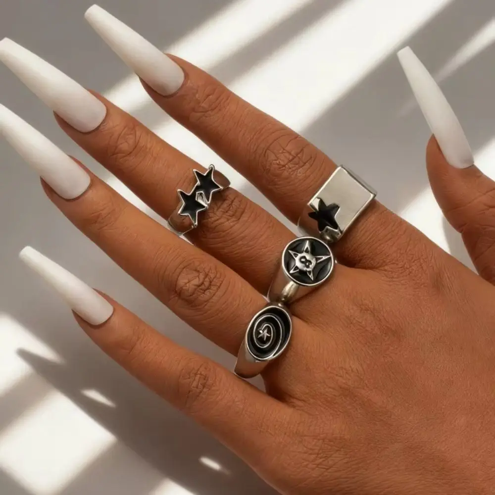 4pcs Irregular Design Geometric Open End Rings Black Five-Pointed Star Bold Design Punk Couple Rings Geometric Thick